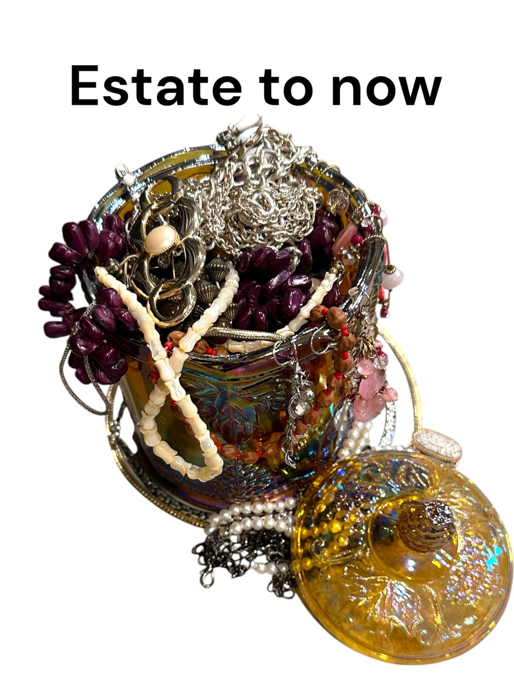 Estate to now jewerly in a vintage lidded carnival glass jar over flowing
